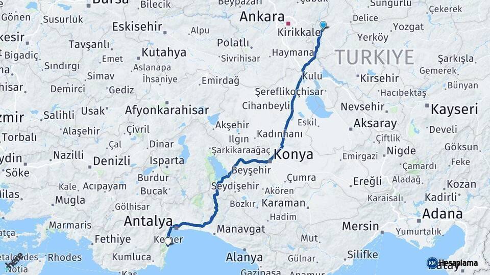 Kırıkkale Kemer Antalya Arası Kaç Km - Yol Haritası