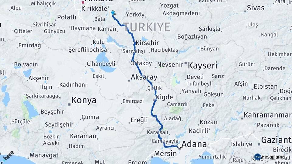 Kırıkkale Keskin Adana Arası Kaç Km - Yol Haritası