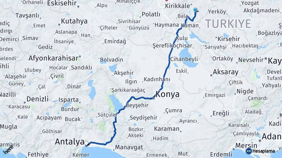 Kırıkkale Keskin Antalya Arası Kaç Km - Yol Haritası