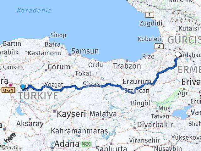 Kırıkkale Keskin Ardahan Arası Kaç Km - Yol Haritası
