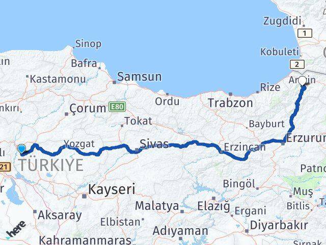 Kırıkkale Keskin Artvin Arası Kaç Km - Yol Haritası