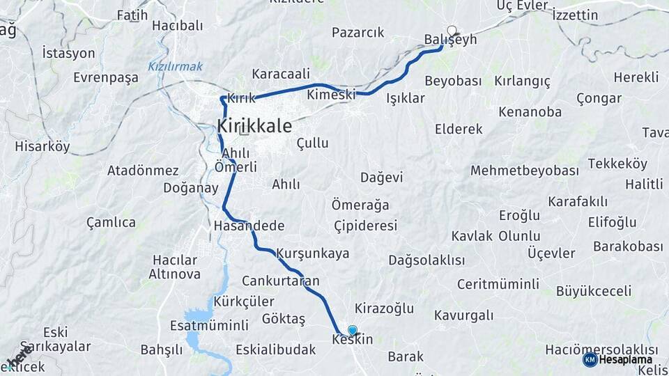 Kırıkkale Keskin Balışeyh Arası Kaç Km - Yol Haritası