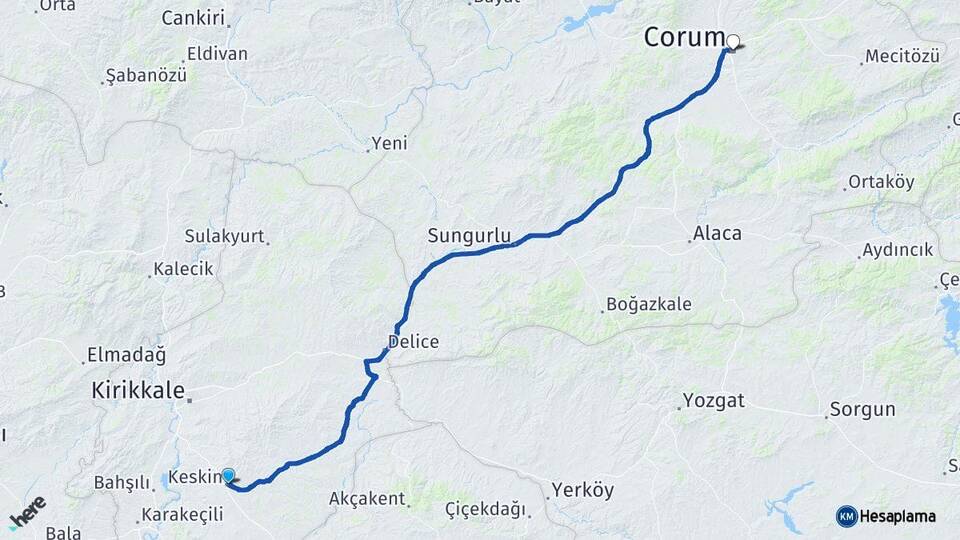 Kırıkkale Keskin Çorum Arası Kaç Km - Yol Haritası
