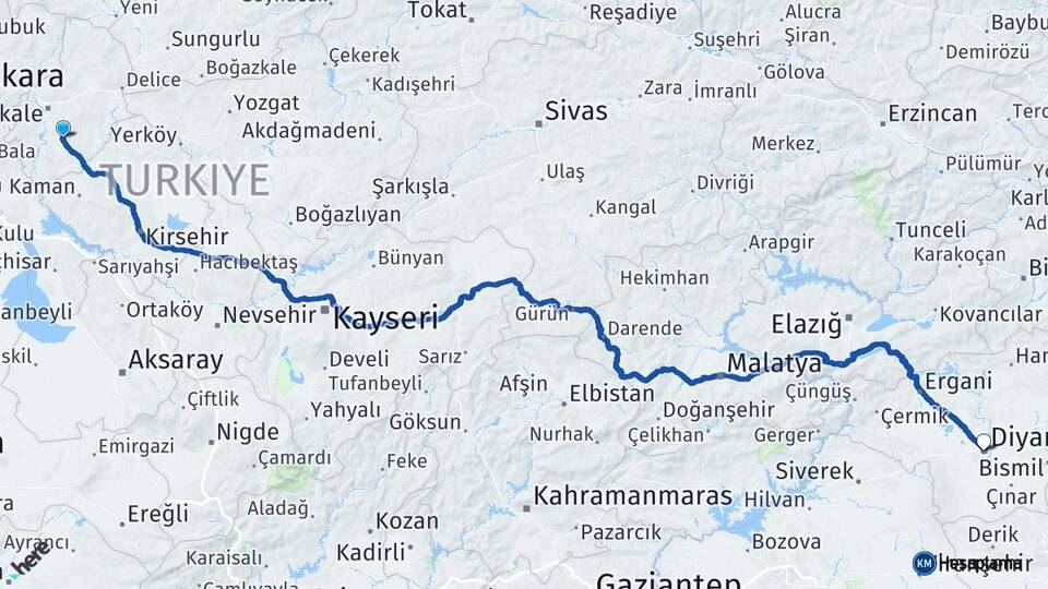 Kırıkkale Keskin Diyarbakır Arası Kaç Km - Yol Haritası