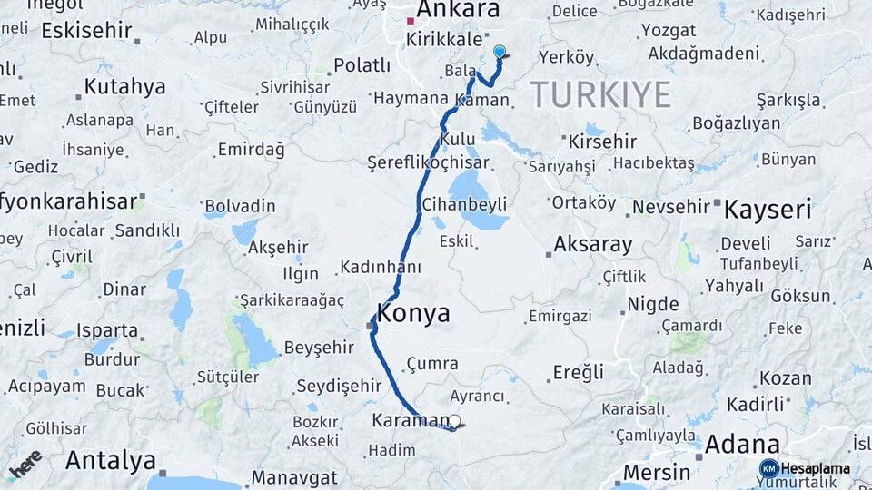 Kırıkkale Keskin Karaman Arası Kaç Km - Yol Haritası