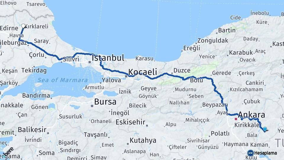 Kırıkkale Keskin Kırklareli Arası Kaç Km - Yol Haritası