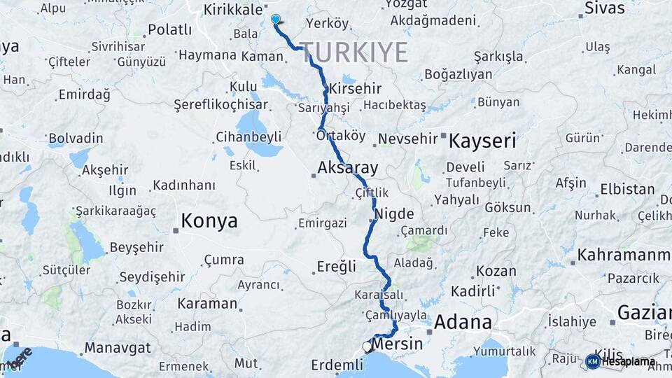 Kırıkkale Keskin Mersin Arası Kaç Km - Yol Haritası