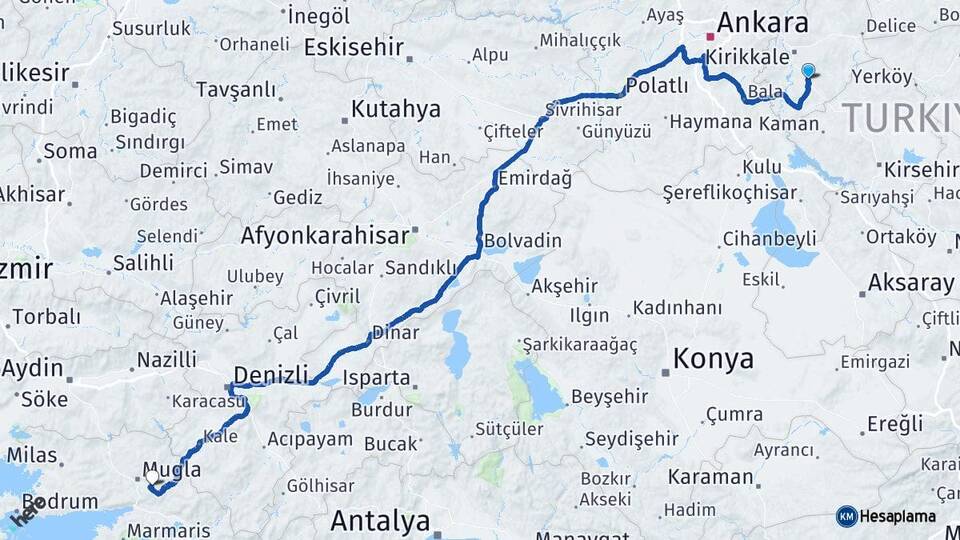 Kırıkkale Keskin Muğla Arası Kaç Km - Yol Haritası