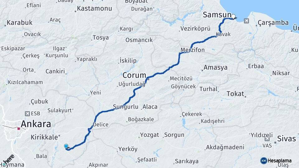 Kırıkkale Keskin Samsun Arası Kaç Km - Yol Haritası