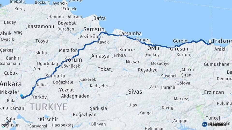 Kırıkkale Keskin Trabzon Arası Kaç Km - Yol Haritası