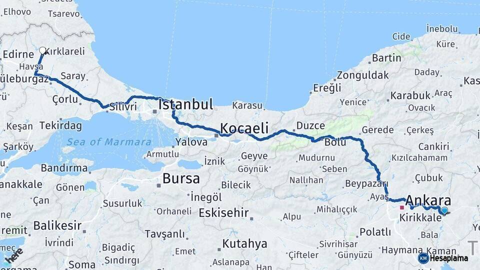 Kırıkkale Kırklareli Arası Kaç Km - Yol Haritası