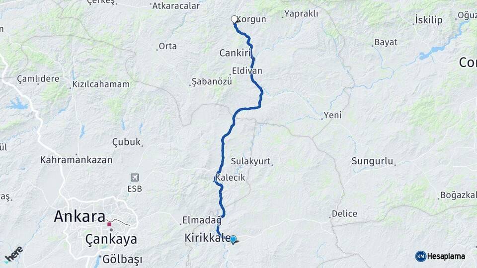 Kırıkkale Korgun Çankırı Arası Kaç Km - Yol Haritası