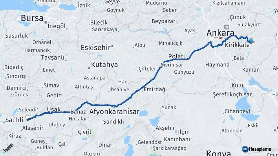 Kırıkkale Kula Manisa Arası Kaç Km - Yol Haritası