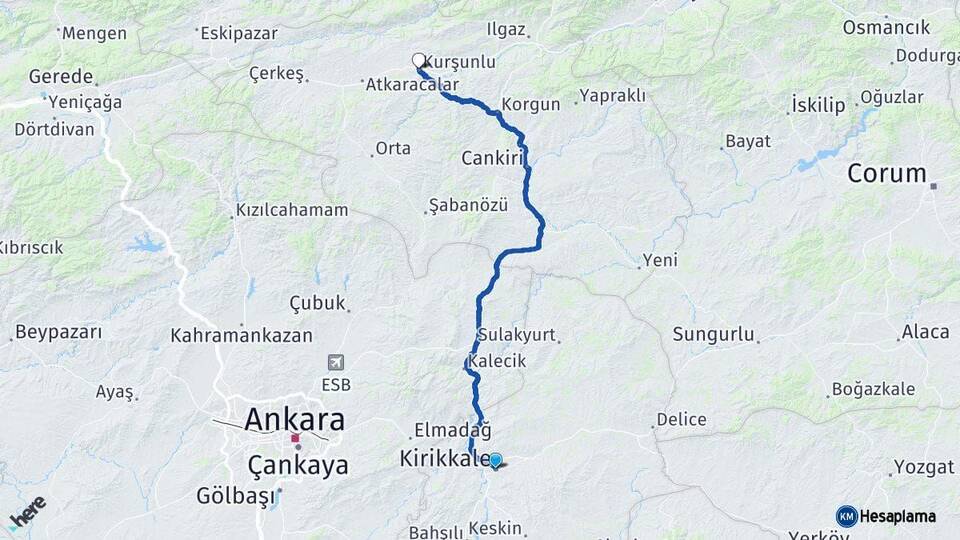 Kırıkkale Kurşunlu Çankırı Arası Kaç Km - Yol Haritası