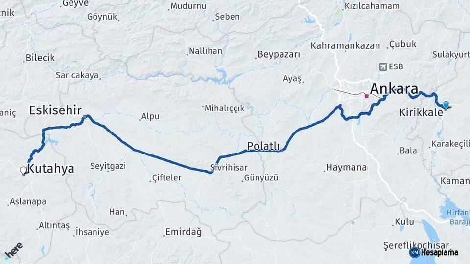 Kırıkkale Kütahya Arası Kaç Km - Yol Haritası