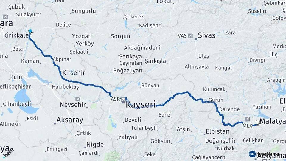 Kırıkkale Malatya Arası Kaç Km - Yol Haritası