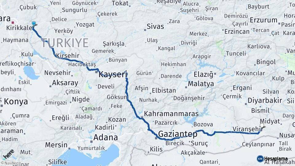 Kırıkkale Mardin Arası Kaç Km - Yol Haritası