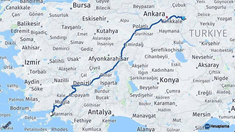 Kırıkkale Marmaris Muğla Arası Kaç Km - Yol Haritası