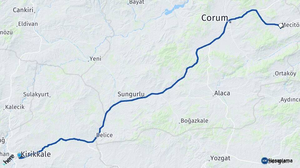 Kırıkkale Mecitözü Çorum Arası Kaç Km - Yol Haritası