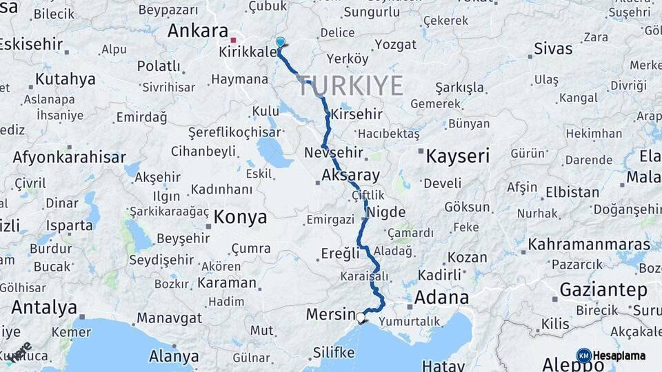 Kırıkkale Mersin Arası Kaç Km - Yol Haritası