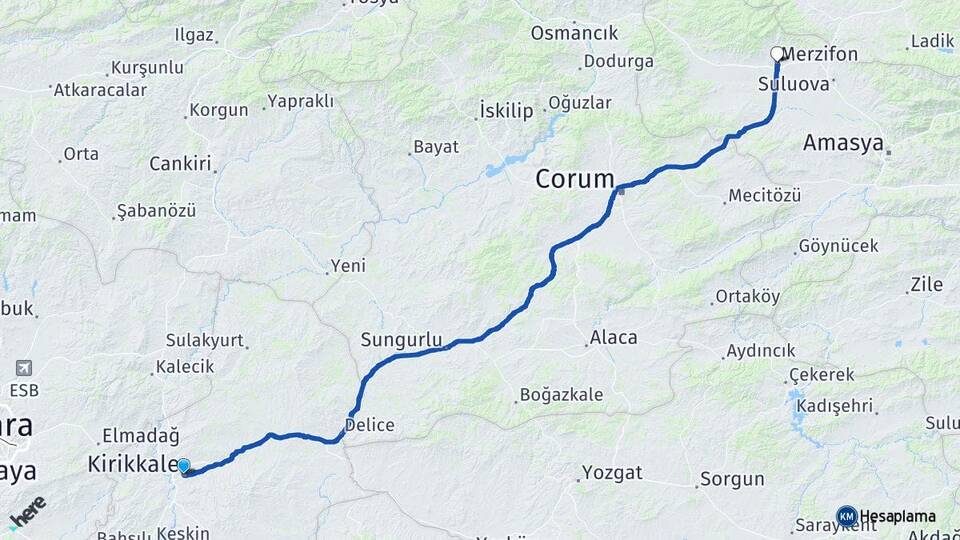 Kırıkkale Merzifon Amasya Arası Kaç Km - Yol Haritası