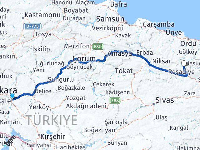 Kırıkkale Mesudiye Ordu Arası Kaç Km - Yol Haritası