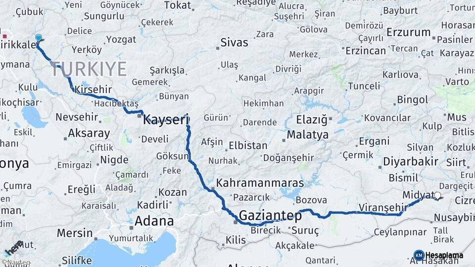 Kırıkkale Midyat Mardin Arası Kaç Km - Yol Haritası