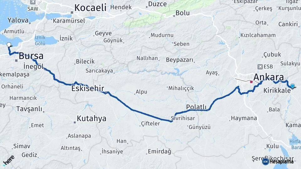 Kırıkkale Mudanya Bursa Arası Kaç Km - Yol Haritası