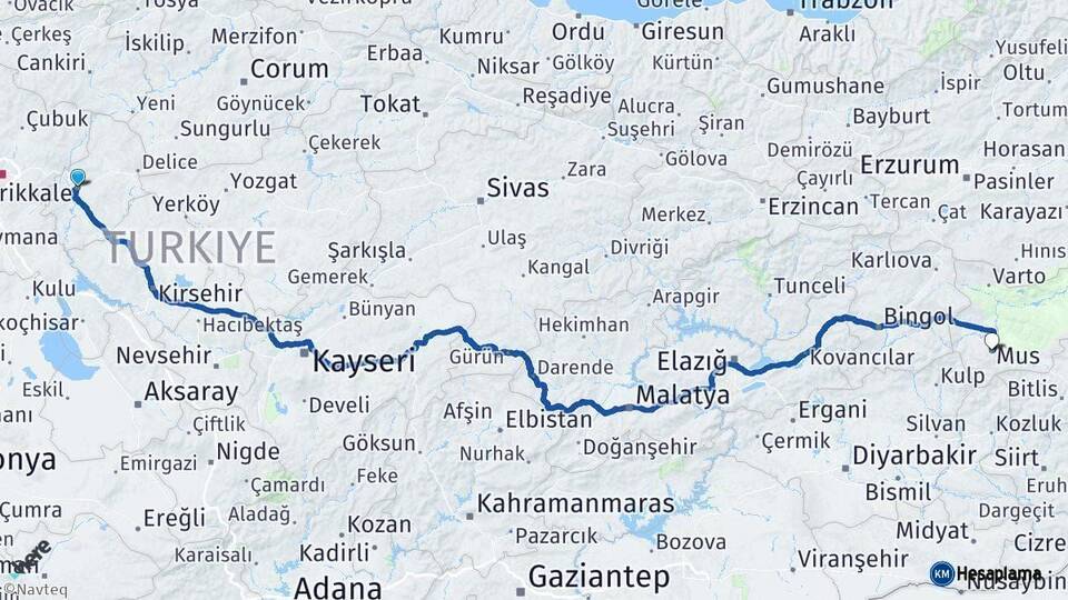 Kırıkkale Muş Arası Kaç Km - Yol Haritası