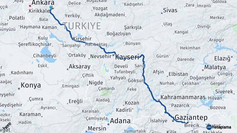 Kırıkkale Nizip Gaziantep Arası Kaç Km - Yol Haritası
