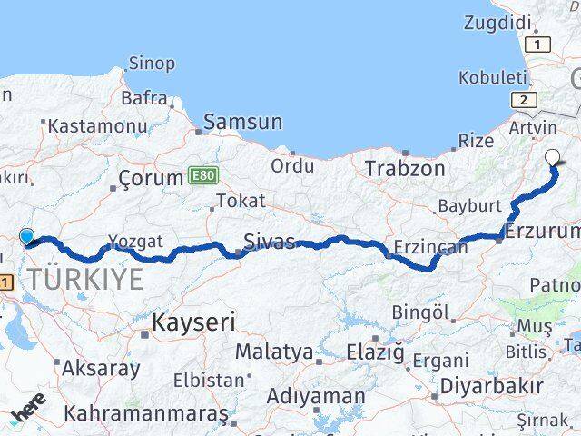 Kırıkkale Olur Erzurum Arası Kaç Km - Yol Haritası