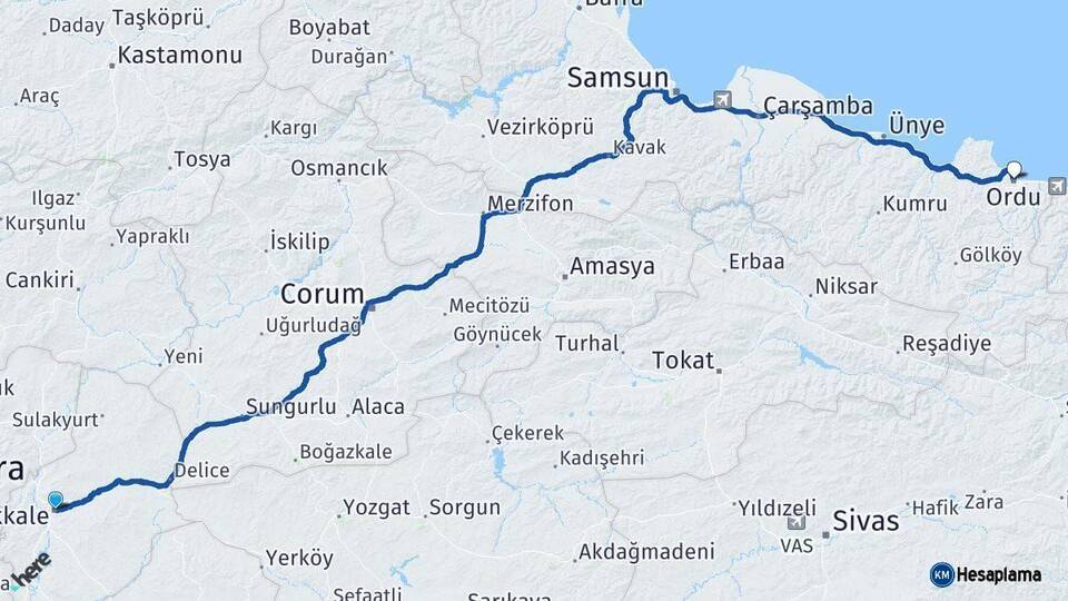 Kırıkkale Ordu Arası Kaç Km - Yol Haritası