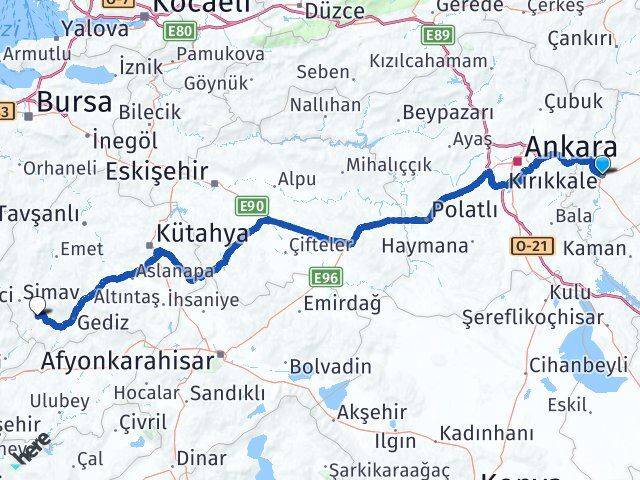 Kırıkkale Pazarlar Kütahya Arası Kaç Km - Yol Haritası