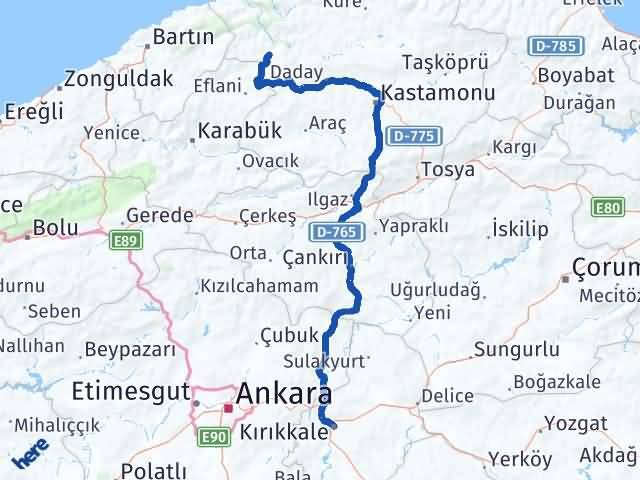 Kırıkkale Pınarbaşı Kastamonu Arası Kaç Km - Yol Haritası