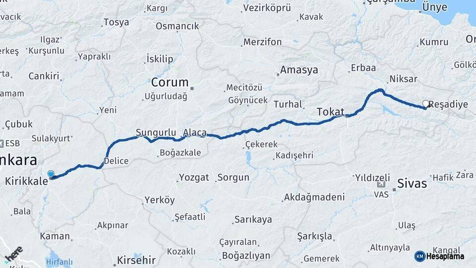 Kırıkkale Reşadiye Tokat Arası Kaç Km - Yol Haritası