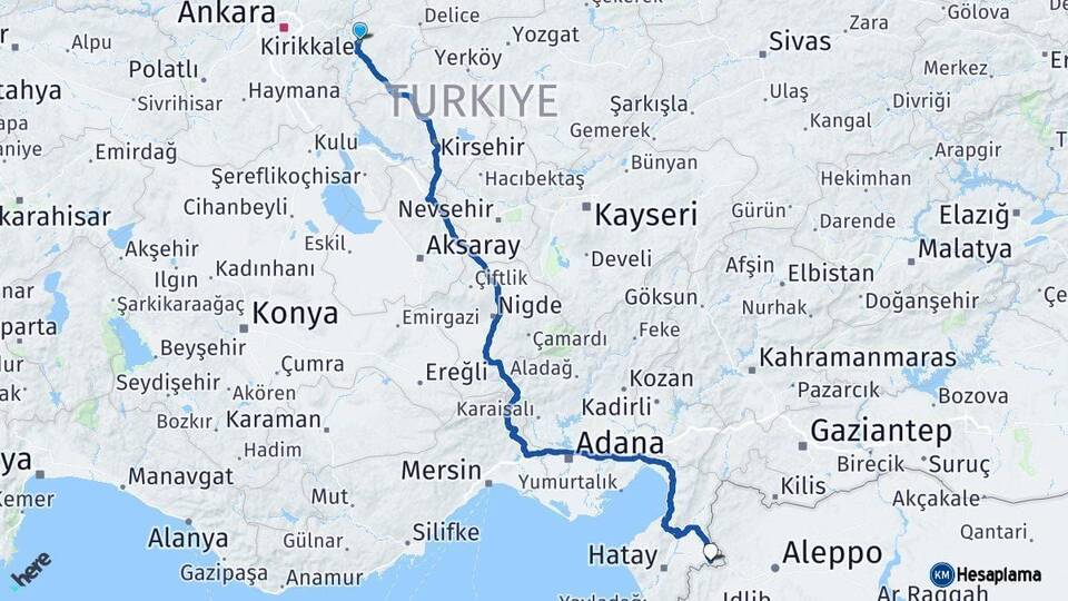 Kırıkkale Reyhanlı Hatay Arası Kaç Km - Yol Haritası
