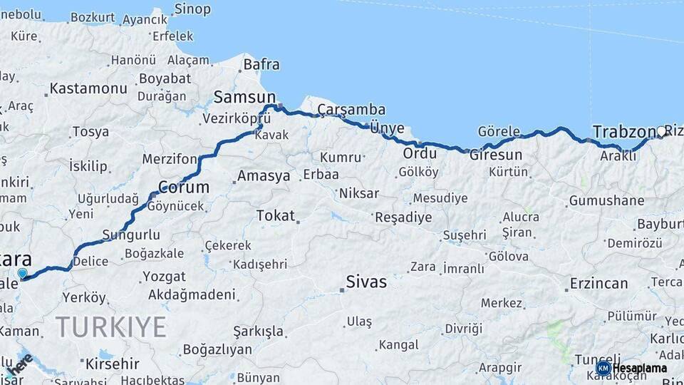 Kırıkkale Rize Arası Kaç Km - Yol Haritası