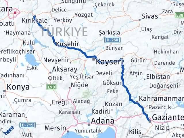 Kırıkkale Şahinbey Gaziantep Arası Kaç Km - Yol Haritası