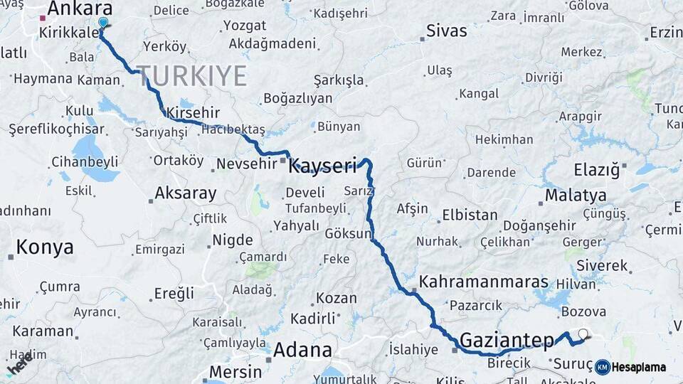 Kırıkkale Şanlıurfa Arası Kaç Km - Yol Haritası
