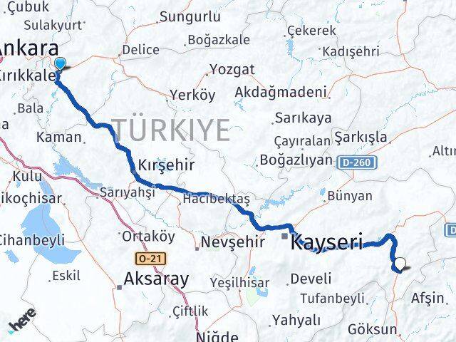 Kırıkkale Sarız Kayseri Arası Kaç Km - Yol Haritası