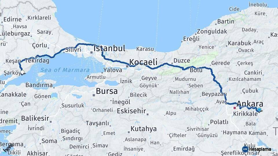 Kırıkkale Şarköy Tekirdağ Arası Kaç Km - Yol Haritası