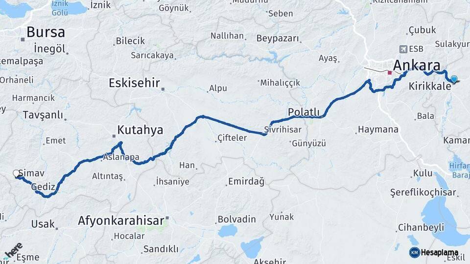 Kırıkkale Simav Kütahya Arası Kaç Km - Yol Haritası