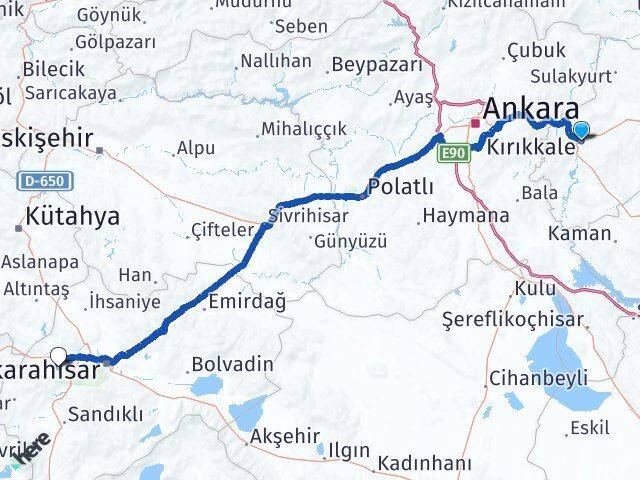 Kırıkkale Sinanpaşa Afyonkarahisar Arası Kaç Km - Yol Haritası