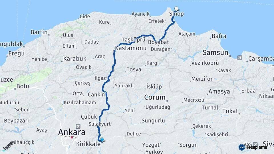 Kırıkkale Sinop Arası Kaç Km - Yol Haritası