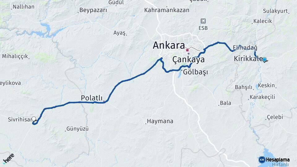 Kırıkkale Sivrihisar Eskişehir Arası Kaç Km - Yol Haritası