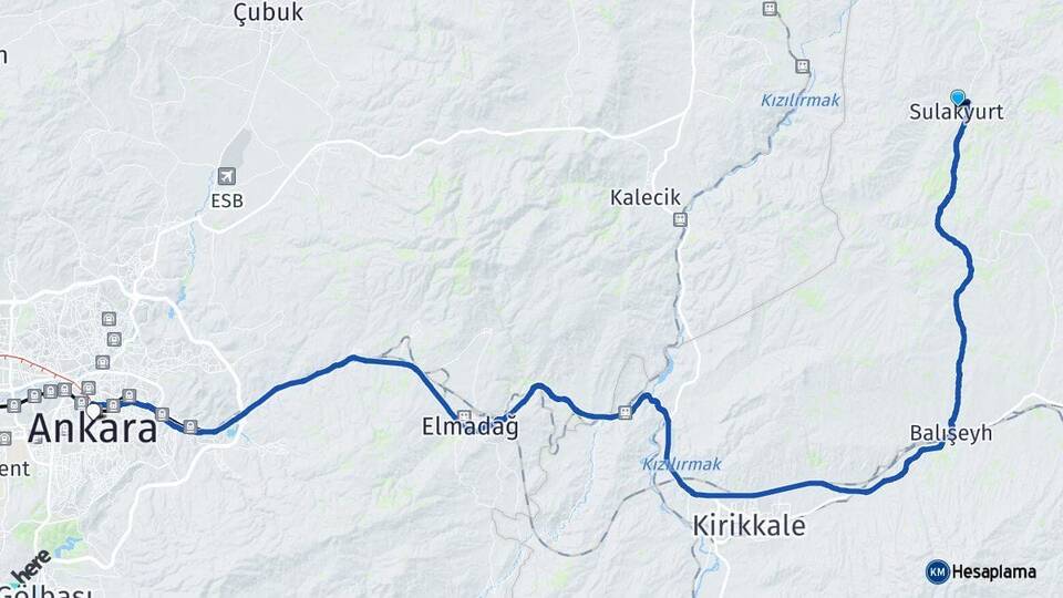 Kırıkkale Sulakyurt Ankara Arası Kaç Km - Yol Haritası