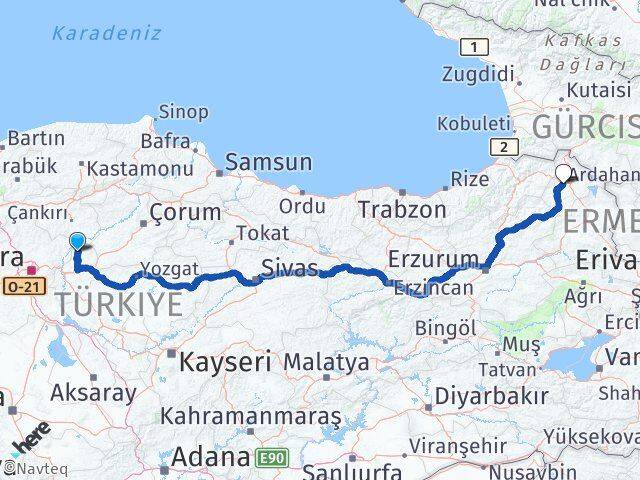 Kırıkkale Sulakyurt Ardahan Arası Kaç Km - Yol Haritası