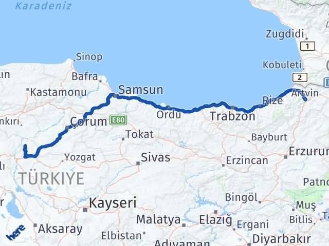 Kırıkkale Sulakyurt Artvin Arası Kaç Km - Yol Haritası