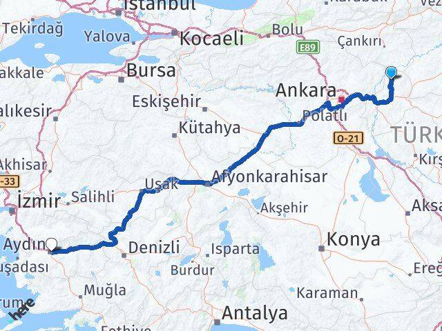 Kırıkkale Sulakyurt Aydın Arası Kaç Km - Yol Haritası