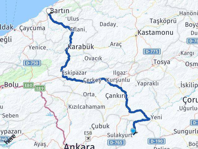 Kırıkkale Sulakyurt Bartın Arası Kaç Km - Yol Haritası